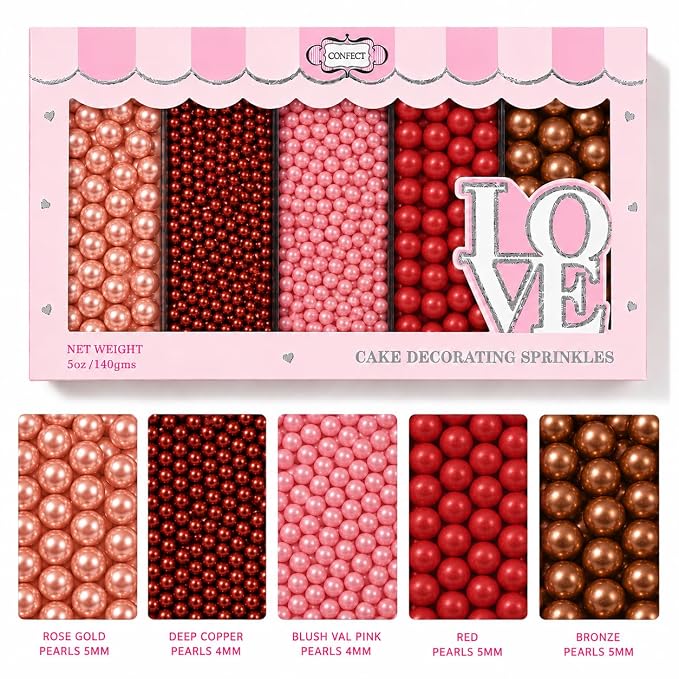 Confect Pearl Sprinkles | Edible Disco Ball Sprinkles for Cakes & Cupcakes Decoration | Pack of 5 Mix Bright Orange, Copper, Pink, Red & Bronze Dragees - Carnival |Vegan, Gluten-Free, Nut-Free, Soy-Free, Dairy-Free, Palm Oil-Free- 5 Oz