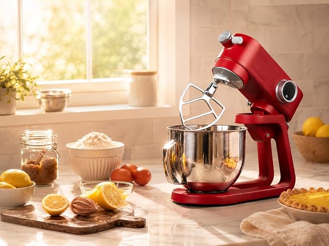 All Metal Stand Mixer DC Motor - Heavy Duty Dough Mixer 5.3 Quart with 4 Stainless Steel Attachments, Quiet Operation with Timer, Verstile Standing Mixer with Power Hub, 8-Speed (Red)