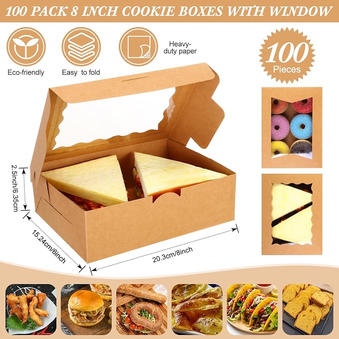 TaoBary 100 Pcs 8 Inch Bakery Boxes 8 x 6 x 2.5 Inch Cookie Pastry Boxes with 2 Style Window for Cookie Treat Chocolate Strawberries Cupcakes Candy Muffins(Kraft)