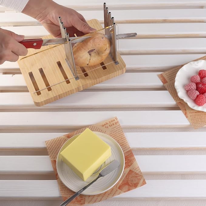 Bamboo Bread Slicer for Homemade Bread,Stainless Steel Slicing Guide for Bread, Adjustable Width, Foldable and Compact Cutting Guide, Bread Slicer for Sourdough Rounds, Bagels, Cake,Toast