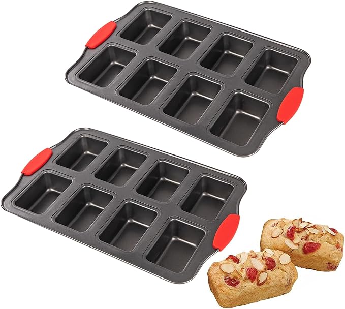 2 Packs 8 Cavity Non-Stock Mini Loaf Pan with Silicone Handle, Mini Bread Loaf Baking Pan Mini Brownie Pan Cheesecake Mould Rectangular Bar