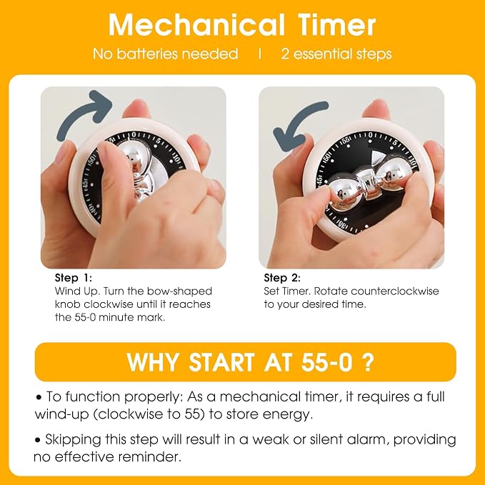 AURDWALL Magnetic Timer for Kitchen - Premium Metal Case Cute Bow Wind Up 55 Minutes Manual Countdown Timer for Kids, Classroom, Home, Study and Cooking (Black)