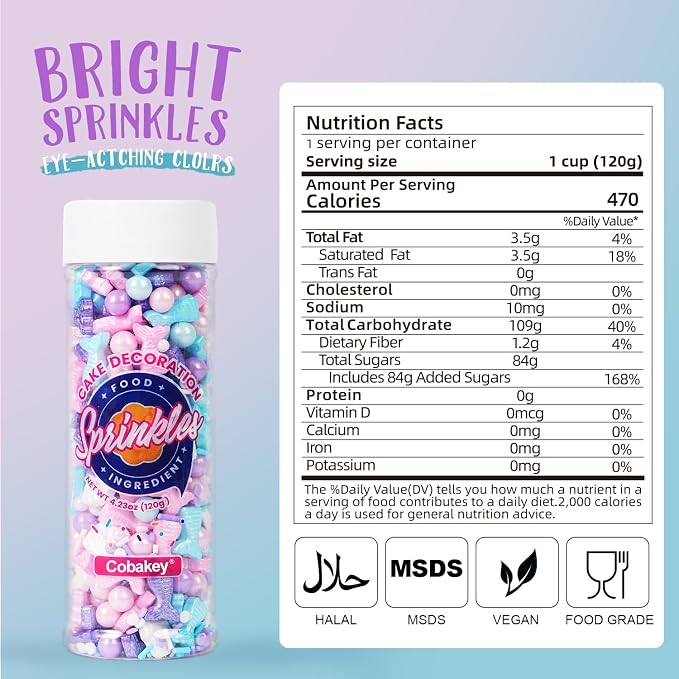 Mermaid Sprinkles Edible Sugar Pearl Shell Jimmies Mix 120g/4.3oz Pastel Sprinkles Ocean Summer Baking Cake Fun Decorations Perfect for Baking Ice Cream,Cookies,Dessert,Cupcake Topper,Birthday Party Supplies