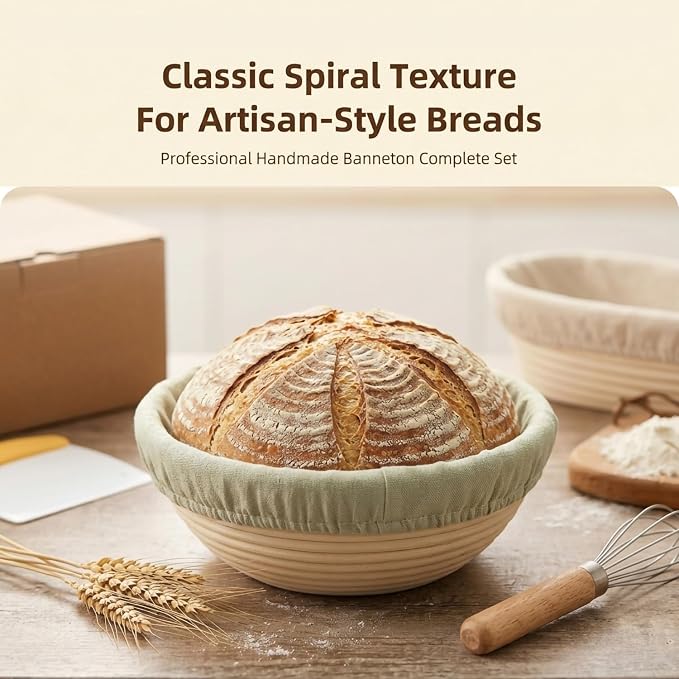 Bread Proofing Basket Set 9" Round and 10" Oval Banneton for Bread Baking, Natural Rattan Wicker Basket with Bread Lame, Danish Whisk, Scraper - Profeesional Baker's Kit