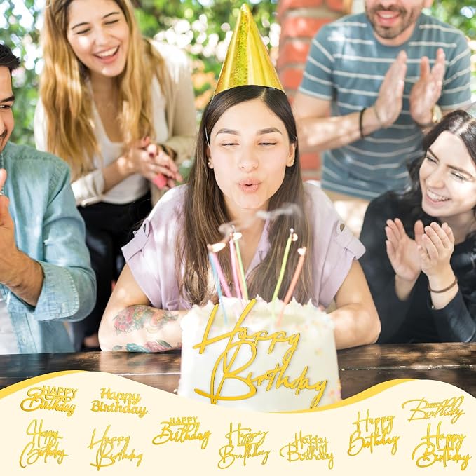 Barydat 50 Pcs Happy Birthday Cake Toppers Bulk Mirror Acrylic Cupcake Topper Decorations Happy Birthday Sign for Cake Inserts Decor Celebrate Anniversary Theme Party Supplies 10 Style(Gold)