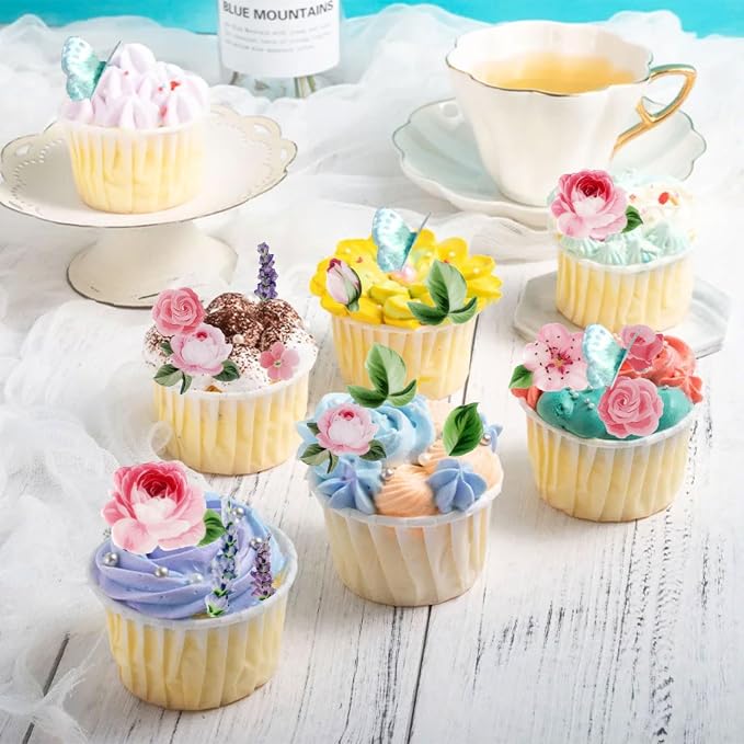 100Pcs Edible Flowers Cake Decorations - Wafer Paper Edible Flowers & Butterflies & Leaves Cupcake Toppers, Flower Cupcake Toppers for Wedding Birthday Baby Shower Party Cake Decorating