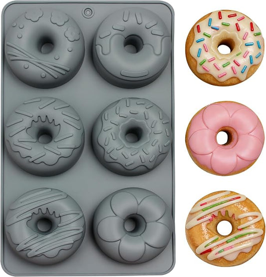 Silicone Donut Molds, 6-Cavity Non-Stick Baking Pan with Decorative Designs for Chocolate Desserts, Gray, 10.8 x 6.7 x 1.3 inches