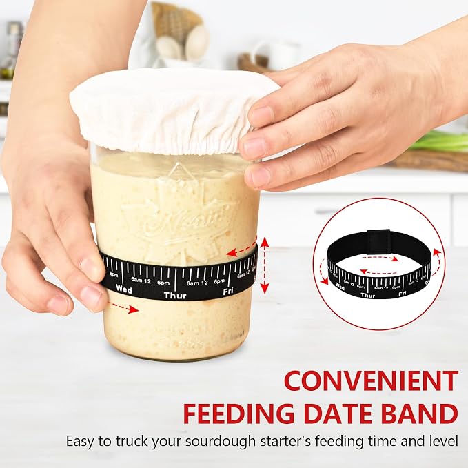 Sourdough Starter Kit, Sourdough Starter Jar Glass Wide Mouth, Sourdough Kit with Thicken Sourdough Glass Jar 27oz, Spatula, Thermometer, Cloth Cover, Feeding band, Sourdough Bread Baking Supplies