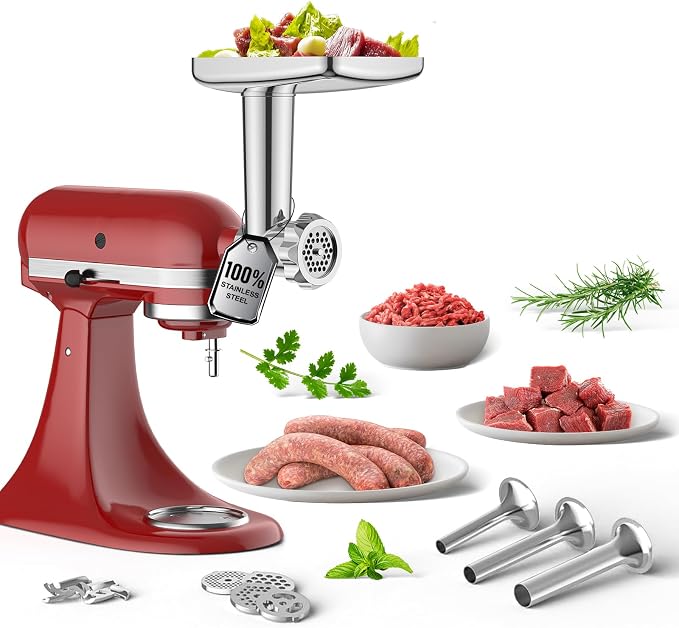 GVODE Stainless Steel Meat Grinder Attachment for KitchenAid Stand Mixer, Food Grinder attachment with 4 Grinding Plates, 3 Sausage Stuffer Tubes, 2 Grinding Blades, Mixers Accessories for Kitchen Aid