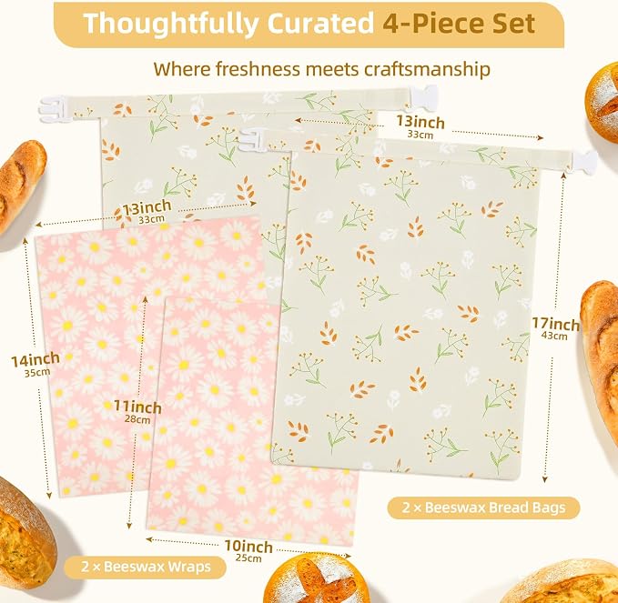 2 Pack Beeswax Bread Bags for Homemade Sourdough Bread, Includes 2 Wraps, 17×13 Inches Organic Cotton Bread Storage Bags, Keeps Bread Fresh, Ideal for Bakers, Kitchen, Travel (Tiny Floral)