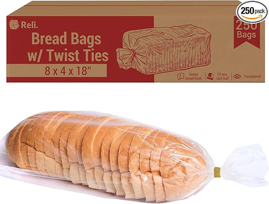 Reli. Bread Bags with Ties | 8 x 4 x 18" | 250 Pack (250 Twist Ties) | Bulk Bags for Homemade Bread, Bakery, Loaf Packing | Clear, Large