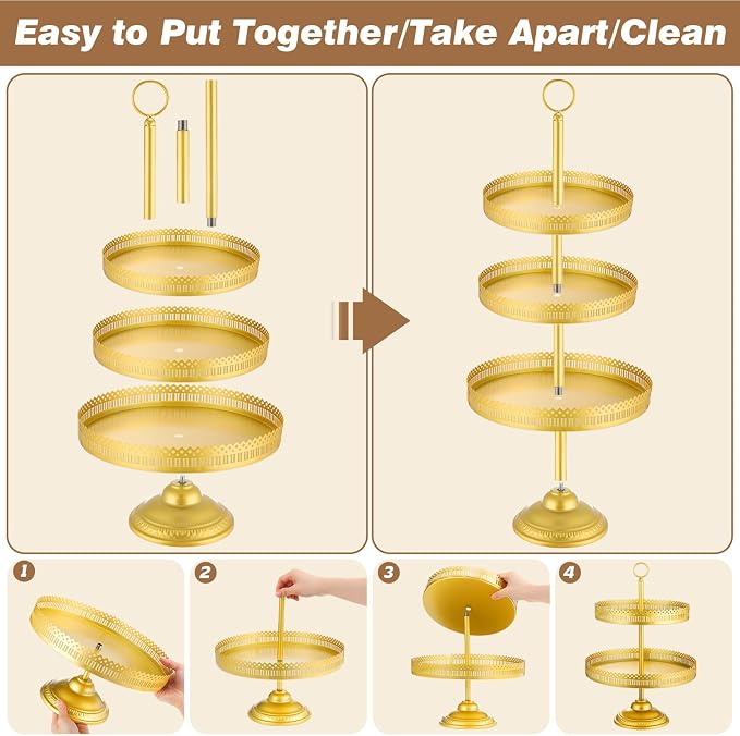Wenqik 16 Pcs Gold Cake Stand Set Metal Dessert Display Set Tiered Cupcake Holder Square Serving Trays Round Tower Tray Platter for Wedding Birthday Party Celebration (Exquisite Style)