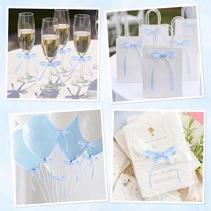 30 Pack Bow Cake Toppers Light Blue Ribbon Bows for Cake Baby Blue Bow Birthday Decorations for Baby Shower, Wedding, Bachelorette, Summer Pool Party Decorations