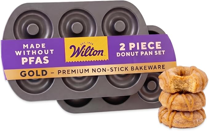 Wilton Gold Non-Stick Donut Pan Set - Quality Baking Pan - Dishwasher Safe & Scratch Resistant - Made Without PFAS - 12.5 x 8 x 1 Inch, 2-Piece Set