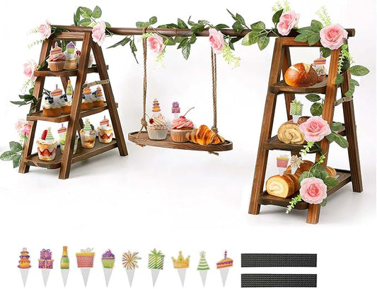 Wooden Cupcake Stand, 3 Tier Dessert Display Serving Tray with Swing and Flower Decoration, Foldable Tiered Ladders Stand for Party, Birthday, Wedding, Baby Shower, Table Food Display for Fruit Bread