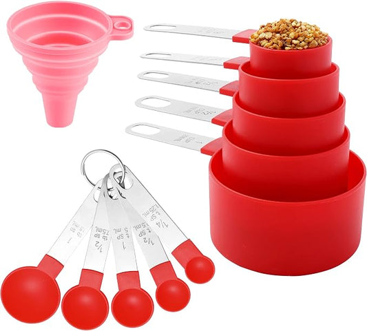 Measuring Cups and Spoons Set of Huygens Kitchen Gadgets 10 Pieces, Stackable Stainless Steel Handle Measuring Cups for Measuring Dry and Liquid Ingredient (Red)