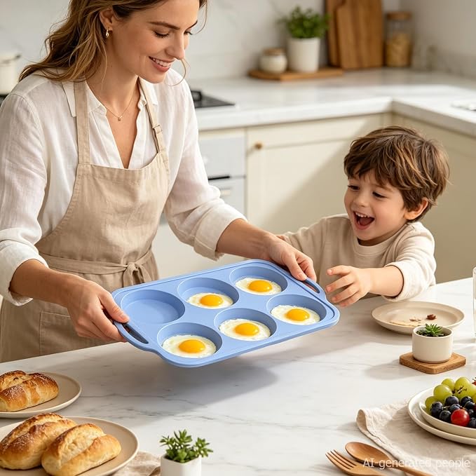 Nonstick Silicone Muffin Top Pan: 2 Pcs 6-Cavity 4 Inch Jumbo Silicone Egg Mold with Metal Frame for Baking Breakfast Sandwich Hamburger Buns Whoopie Pie Egg Bites - Easy Clean Oven Safe - Light Blue