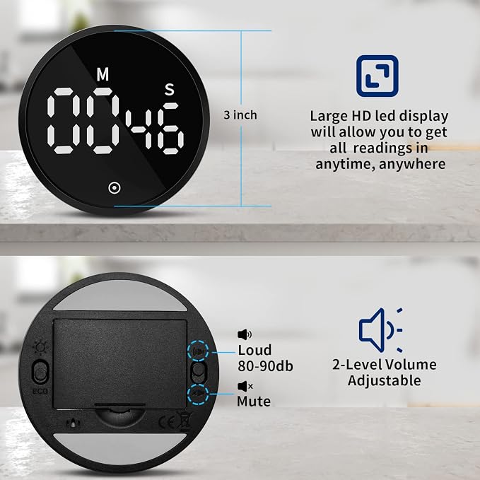 Kitchen Timer Magnetic Classroom Timer for Kids, Rotation Countdown Countup Timer Large LED Display with Volume & Brightness Adjustable for Cooking/Exercise, Easy to Use Even for Seniors or Children