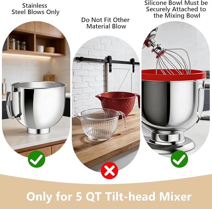 Silicone Mixing Bowl Liners Compatible with KitchenAid 5Qt Tilt-Head Stand Mixer, Food Grade Collapsible Bowl Inserts with Airtight Lids, Foldable & Reusable Mixer Accessories for Baking，Red