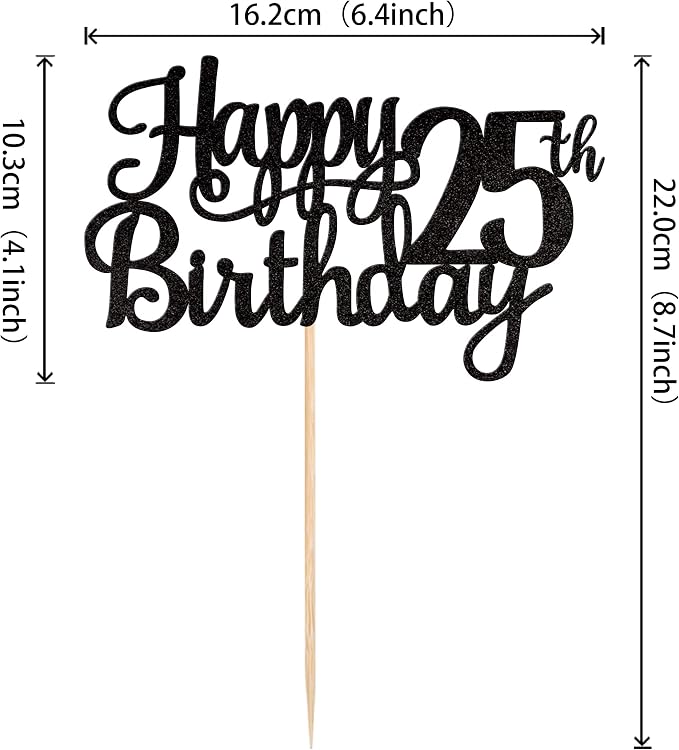 1 PCS Happy 25th Birthday Cake Topper Glitter Cheers to 25 Years Birthday Cake Pick 25 Fabulous Cake Decoration for Happy 25th Birthday Theme Party Decorations Supplies Black