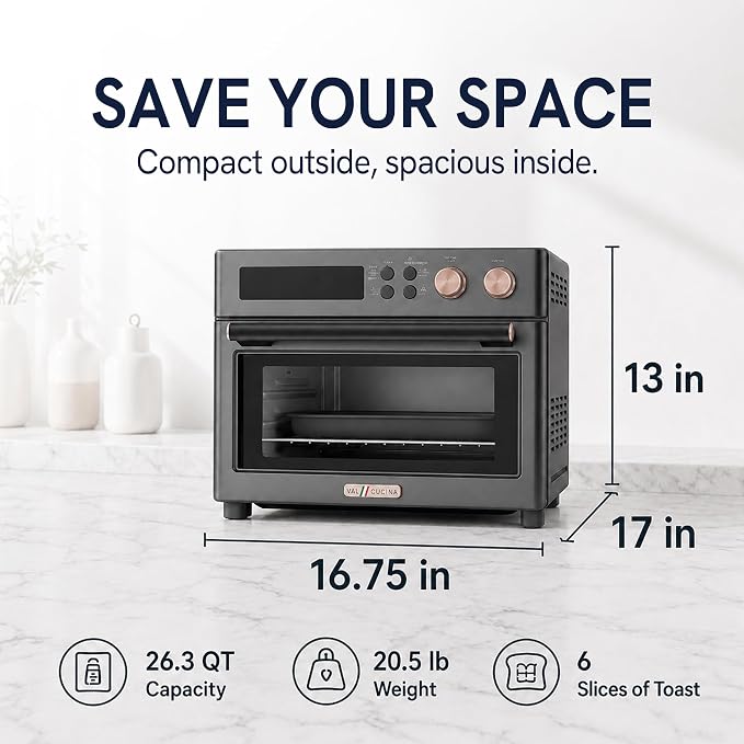 VAL CUCINA Infrared Heating 26.3 QT Air Fryer Toaster Oven, Large Countertop Convection Oven 10-in-1 Combo, 6-Slice Toast, Enamel Baking Pan Easy Clean with Recipe Book, Black Matte Stainless Steel