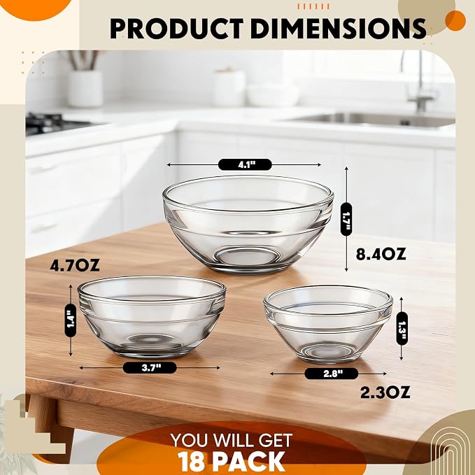 Sawysine 18 Pcs Glass Prep Bowl Sets Clear Small Pinch Bowls Salt Spices Ingredients Serving Bowl Stackable for Kitchen Prep Cooking Dishwasher Safe (8.4oz/4.7oz/2.3oz)