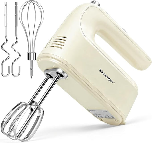 Electric Hand Mixer, 300W Handheld Mixer with 5 Stainless Steel Accessories, 5 Adjustable Speeds + Turbo Boost & Self-Control, One-Button Eject, Food Beater for Cakes, Eggs, Dough (Beige)