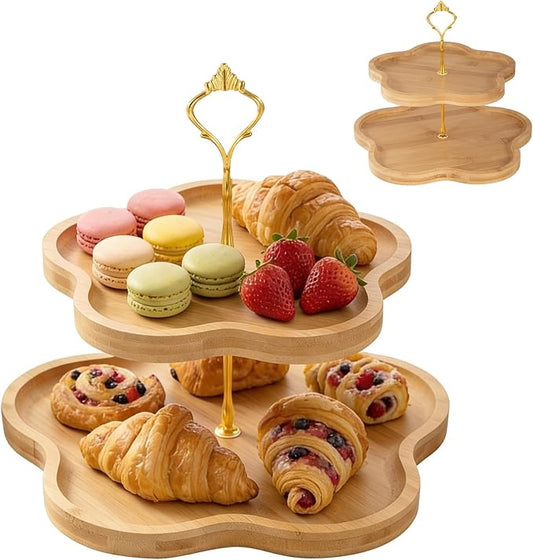 DUJUST Elegant 2-Tier Wooden Cupcake Stand with Flower-Shaped Design, Rustic Bamboo Tiered Serving Tray for Cupcake, Desserts, Tea Party, Wedding, Farmhouse & Kitchen Decor, Easy to Install & Clean