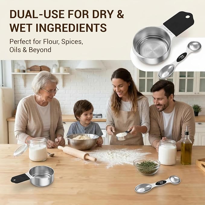 Magnetic Measuring Cups and Spoons Set 16 Piece, 304 Stainless Steel Measuring Cups Spoons with Leveler, Double Engraved Markings, Nesting Magnetic Design, Black Handle, for Baking Cooking Dry Liquid