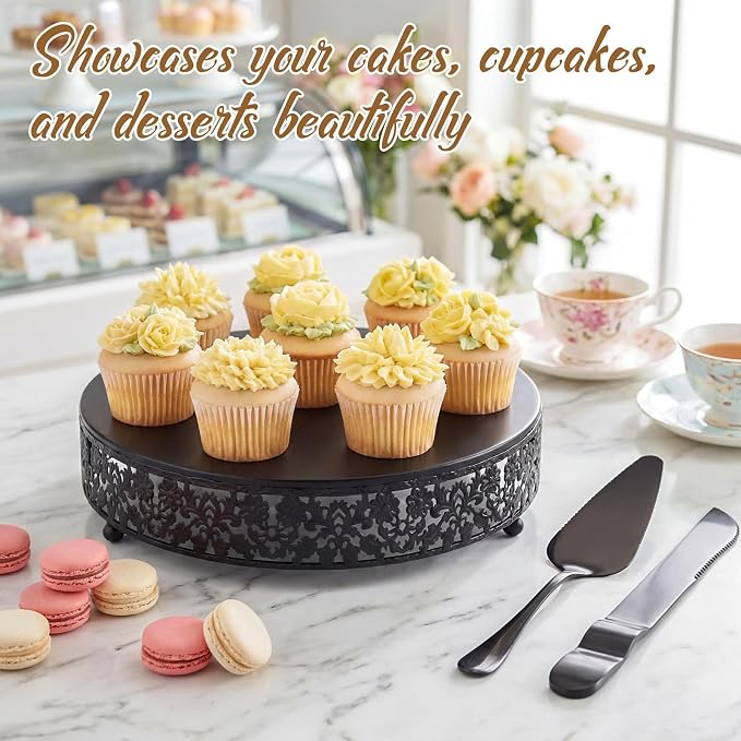 Wenqik 12 Inch Black Cake Stand Set Metal Round Cupcake Dessert Stand with Cake Cutting, Flower Spatula Wedding Cupcake Pastry Display Candy Holder Display for Wedding Party Birthday Baby Shower