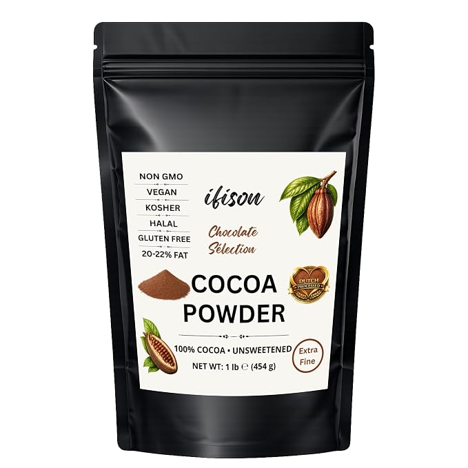 ifison Cocoa Powder Unsweetened Dutch Processed Extra Fine 1 lb (454 g) | Premium Dark Chocolate Flavor, Perfect for Baking, Frostings, Fillings, Hot Chocolate, Smoothies, Desserts, Allergen Free