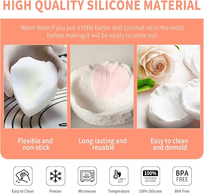 KALAIEN 3D Rose Petals Shape Silicone Fondant Mold Chocolate Molds Candy Molds Veining Petal Sugar Flower Making Tool