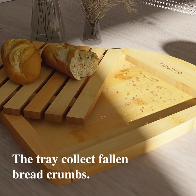 Bamboo Bread Board with Crumb Tray, 13 x 10 Inch Bread Cutting Board for Sourdough, Challah and Homemade Loaves, Natural Bamboo Bread Serving Tray