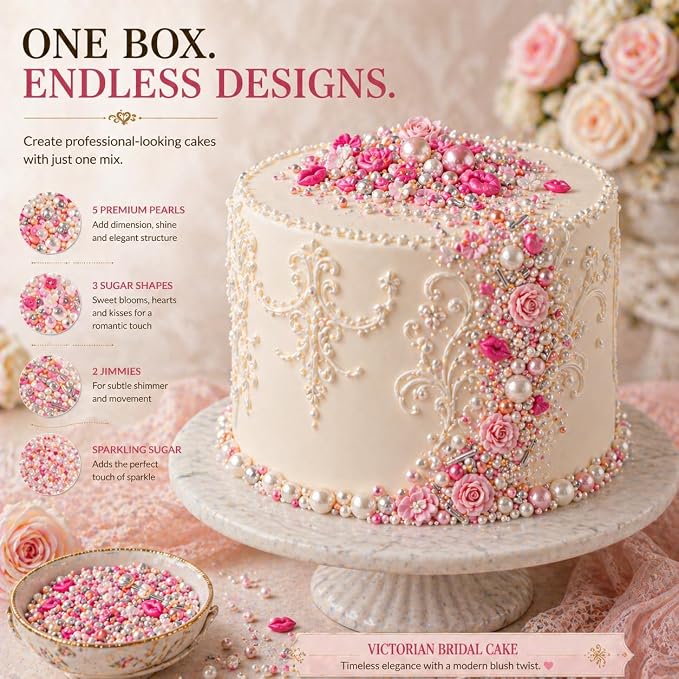Confect Cake & Cupcake Sprinkles | Love Sprinkles Mix Pink Mini Lips & Roses, Silver Hearts & Vermcelli and White Pearls | Anniversary Sprinkles | Edible sprinkles Mix Pack of 5 (5 Oz)