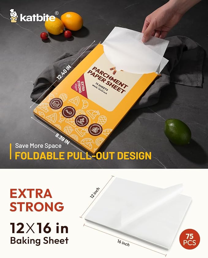 Katbite 75Pcs White Parchment Paper Sheets 12x16IN, Pre-Cut Heavy Duty Parchment Baking Paper, Non-Stick Half Sheet White Baking Parchment Paper for Air Fryer, Baking Cookie Pans [Extra Strong Series]