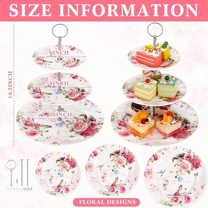 ONEUSTAR 3 Tier Cupcake Stand Ceramic Tiered Serving Cake Stand Floral Dessert Stand for Wedding Birthday Tea Party Pastry Serving Tray in a Gift Box