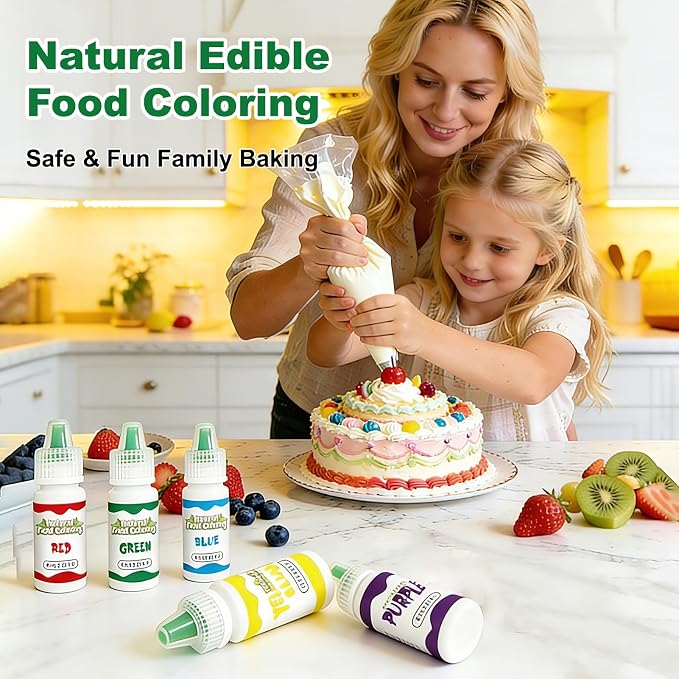 Natural Food Coloring Set – 5 Vibrant Colors (Red, Yellow, Blue, Green, Purple) 6mL Each Bottle, Plant-Based Food Dye for Baking, Cake Decorating, Fondant, Cookies & Holiday Treats