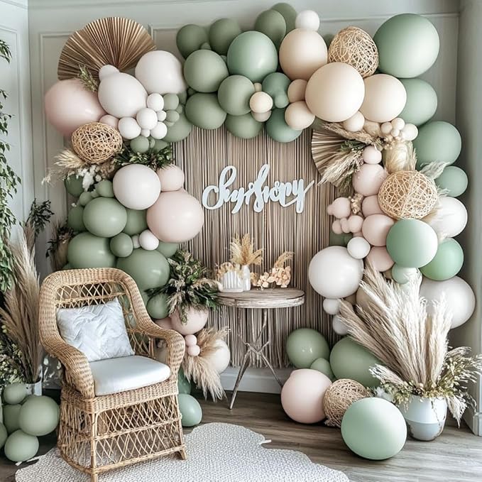 Sage Green White Balloon Garland Double Stuffed Dusty Green Cream Sand White Beige Latex Neutral Balloons Arch Kit for Boho Baptism Baby Shower Birthday Wedding Decoration