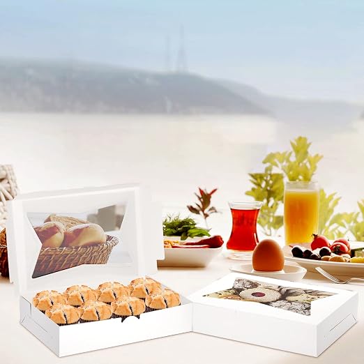 ZEAYEA 36 Pcs White Bakery Boxes, 12" x 8" x 2.5" Cookie Treat Boxes with Clear Window, Pastry Box for Desserts Strawberries, Pie Boxes for Muffins, Donuts, Biscuits, Cupcake, Easy to Assemble