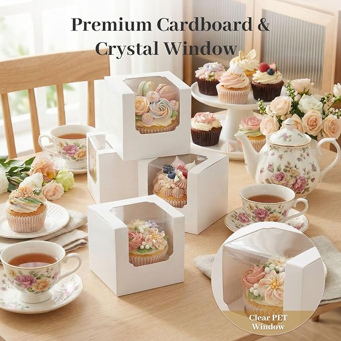 VGOODALL 60PCS Cupcake Boxes, 3.5 Inches Individual Cupcake Containers with Window and Insert for Muffins Cocoa Bombs Packaging Togo Boxes for Birthday Baby Shower Wedding Party Favors