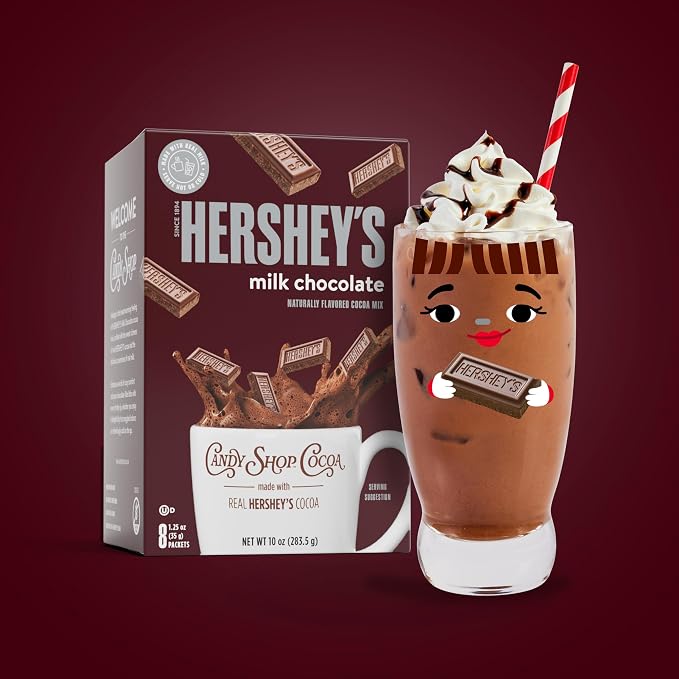 Candy Shop Cocoa HERSHEY’S Milk Iced Cocoa Mix, 1.25oz, 24 Pack | HERSHEY’S milk chocolate cocoa mix with rich, creamy chocolate flavor; just add water for smooth hot or iced drinks anytime