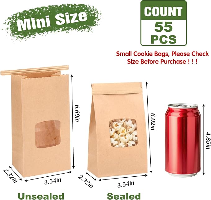 Moretoes Small Cookie Bags with Seal, 55pcs 3.54x2.32x6.69in, Seal by Tin Tie Tab, Brown Kraft Paper Small Bakery Bags with Window for Cookie Coffee Bread Pastry Treat Bakery Gift Giving Packing