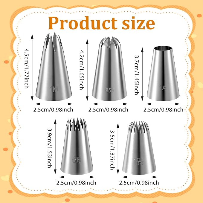5 Pcs Large Piping Tips Set, Stainless Steel Cake Decorating Supplies Piping Tips Kit, Dishwasher Safe Baking Tools for DIY Art Frosting Icing Cupcakes Cookie Pastry Churros Meringue