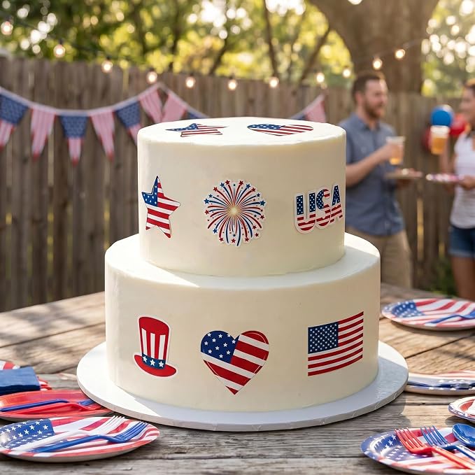 50PCS Edible American Flag Cake Decorations Patriotic Wafer Cupcakes Toppers for 4th of July, Independence Day Parties & Birthday Celebrations (50, American Flag & Star)