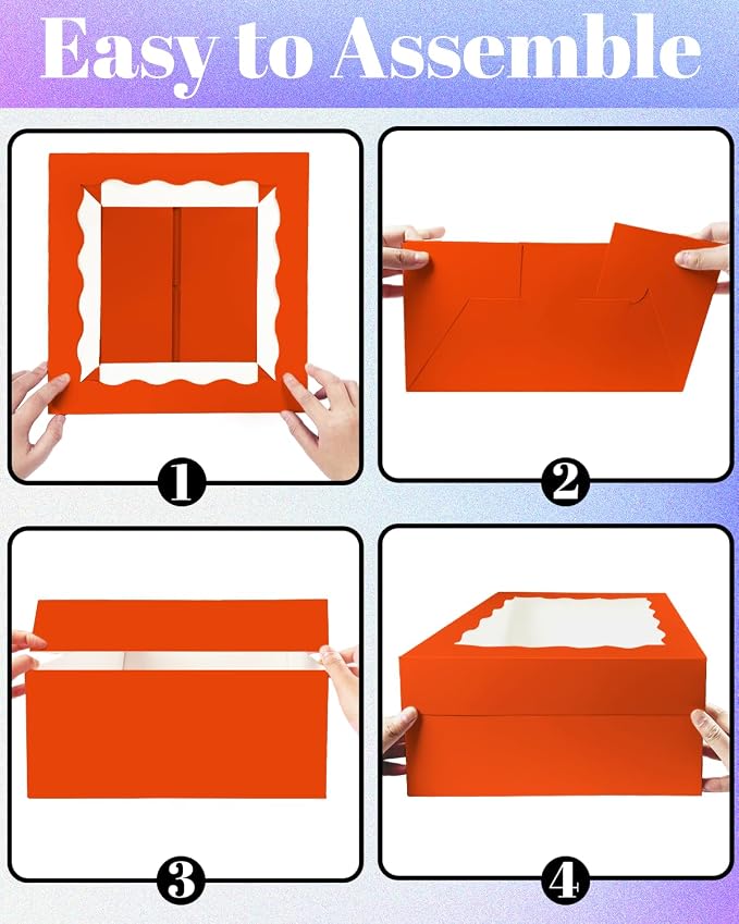 Bakepacker 36pcs 12x12x6 Inches Cake Boxes with Window 18-Packs Orange 12 Inch Bakery Boxes (18 Cake Boxes +18 Cake Boards)