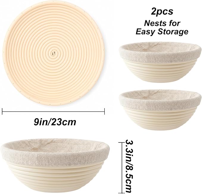 9 Inch Banneton Bread Proofing Basket Set of 2, Easy-Clean Sourdough Proofing Basket, Round Banneton for Sourdough Bread Baking Supplies with Liners