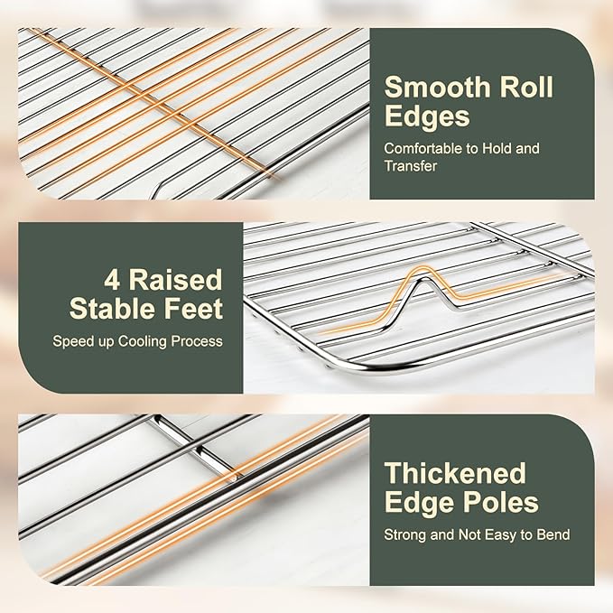Baking Sheet with Rack Set (3 Pans + 3 Racks), 9/12/16 Inch Stainless Steel Cookie Sheet Baking Pan Tray with Cooling Rack, Jelly Roll Pan with Wire Rack, Warp Resistant & Heavy Duty & Rust Proof