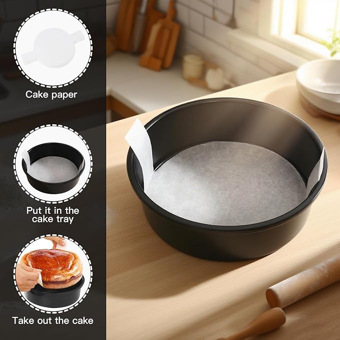 6 Inch Round Cake Pans Set of 3, Nonstick Carbon Steel Cake Baking Pans with 100 Parchment Papers, 2.5” Deep Layer Cake Tins for Cheesecake & Birthday Cakes