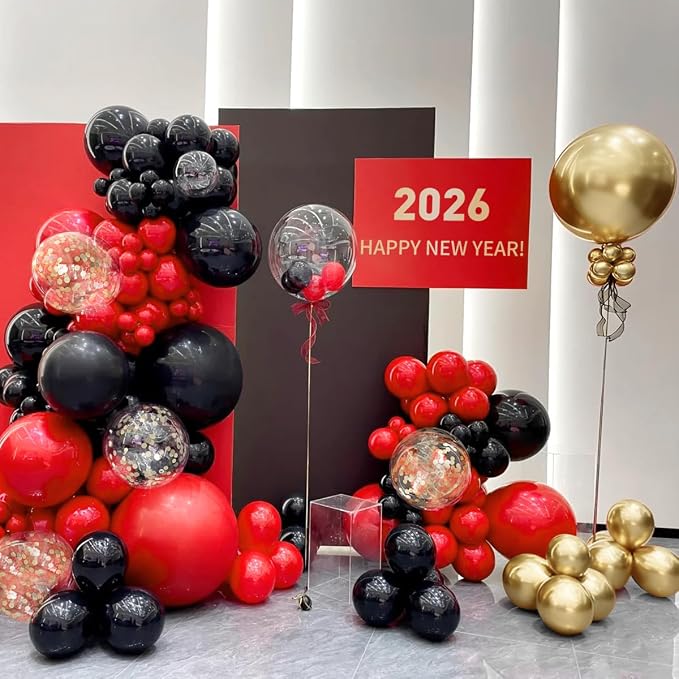 MEBAY Red Black Gold Balloons Arch Kit with Gold Confetti, 166Pcs Red Gold Black Balloons Garland for Birthday Wedding Anniversary Movie Casino Night Hollywood New Years Festival Decorations