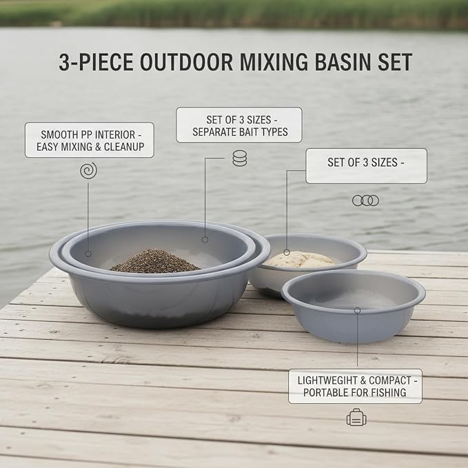 3-Pack Gray PP Plastic Mixing Bowls for Outdoor Camping & Food Prep, Nested Set of Small, Medium, Large Basins